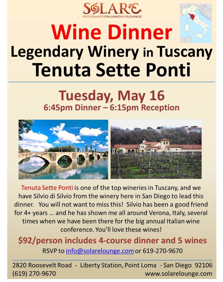 <a id="Solare-Sette-Ponti-Wine-Dinner"></a>Italian Wine Dinner:  Sette Ponti Winery – a Tuscan Gem!  <span style="color: black;">- Sold Out</span>