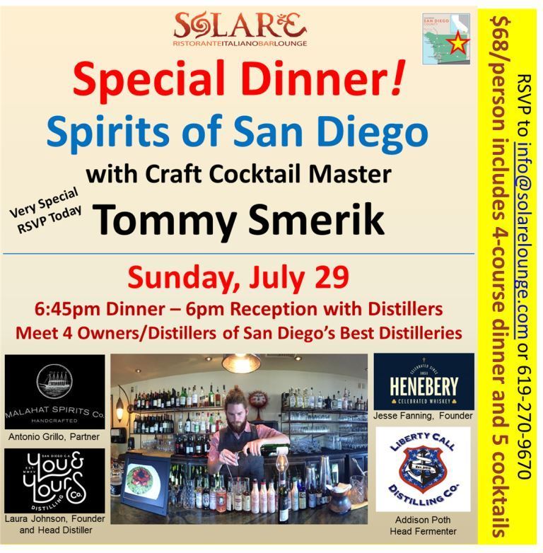 <a id="Solare-Spirits-of-SanDiego-Dinner"></a>“Spirits of San Diego” Dinner with Tommy — The Spirits of Summer!