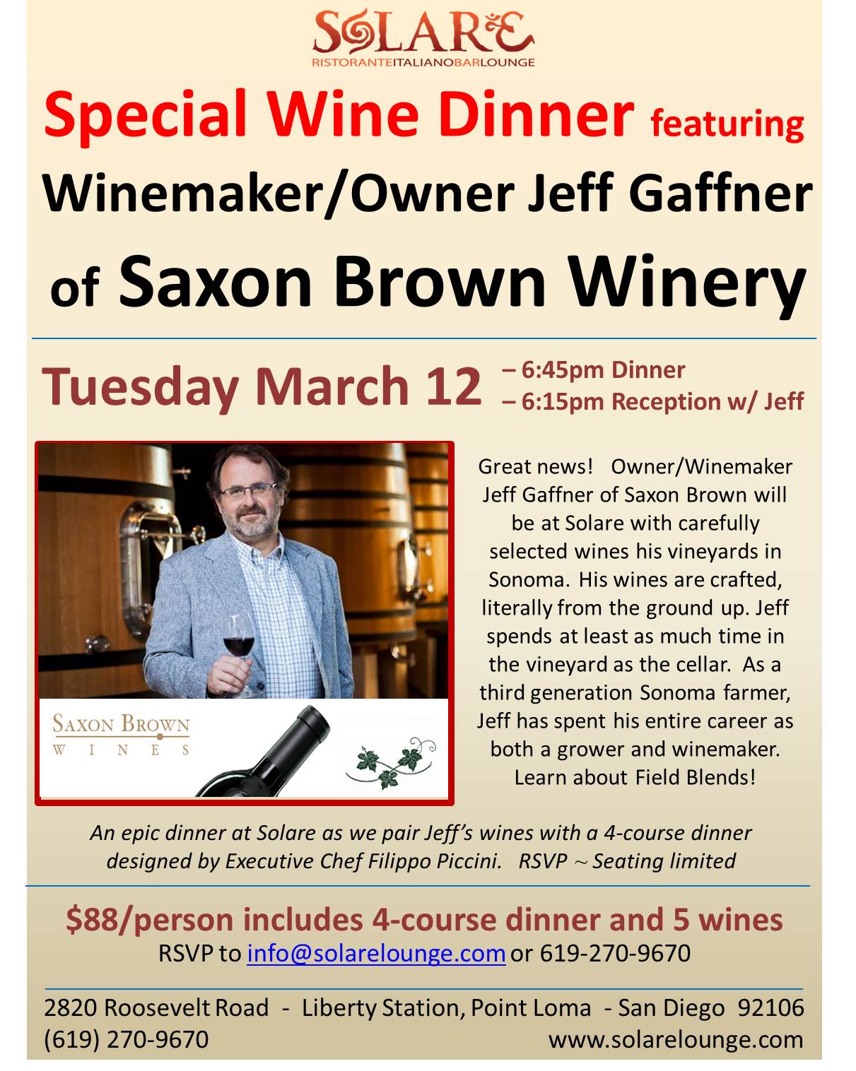 <a id="Solare-Saxon-Brown-Wine-Dinner"></a>A Special Wine Dinner with Jeff Gaffner of Saxon Brown