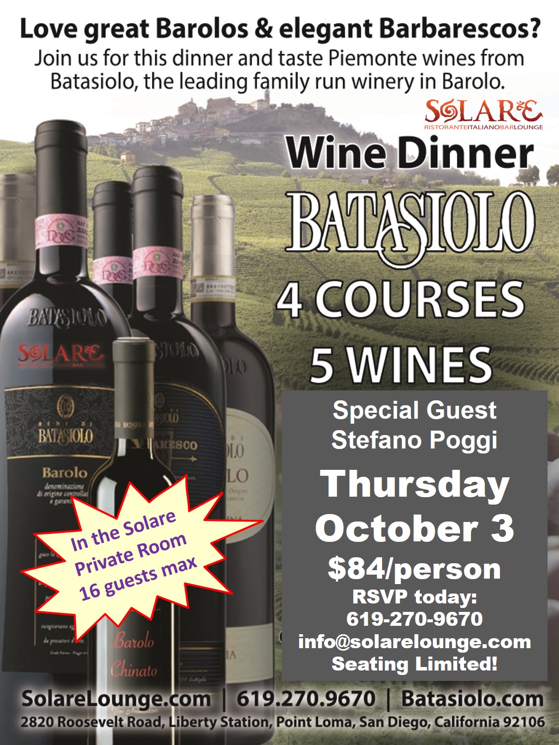 <a id="Solare-Batasiolo-Wine-Dinner"></a>Italian Wine Dinner with Piemonte Winery, Batasiolo