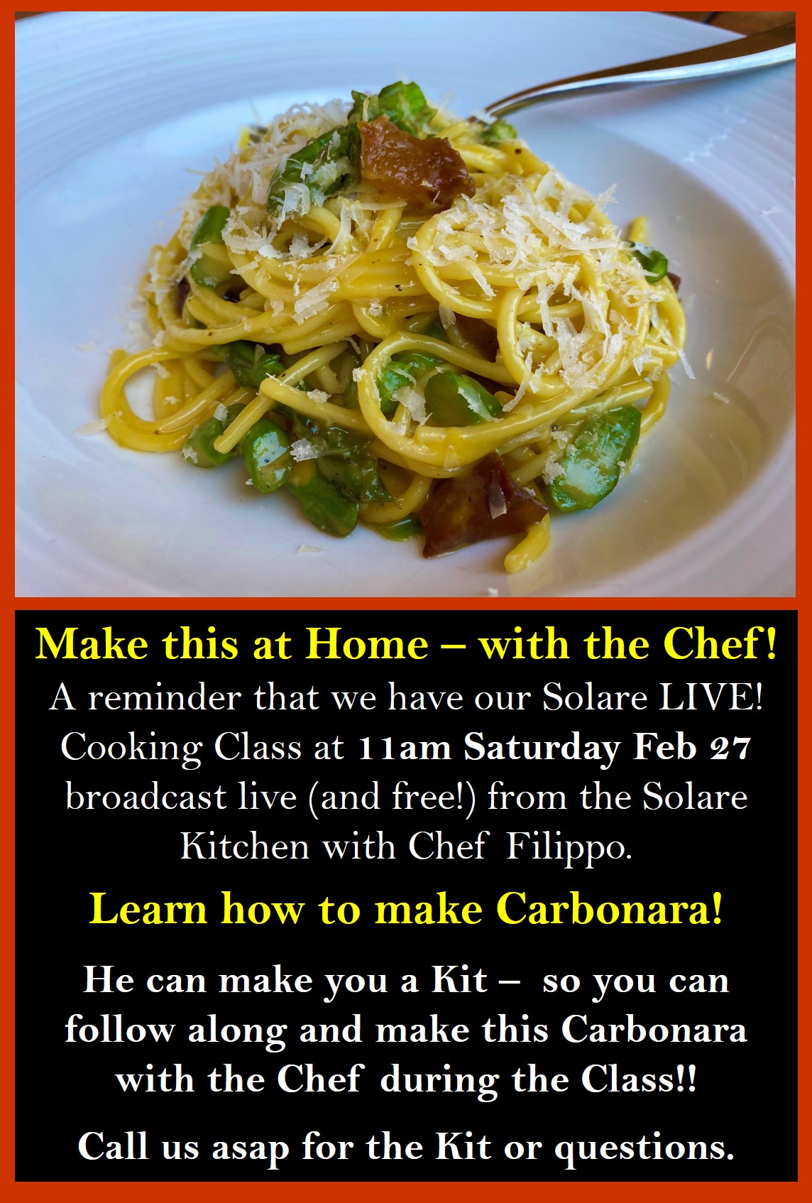 <a id="Solare-LIVE-Cooking-Class-Feb-27"></a>Solare LIVE! Cooking Class - Carbonara