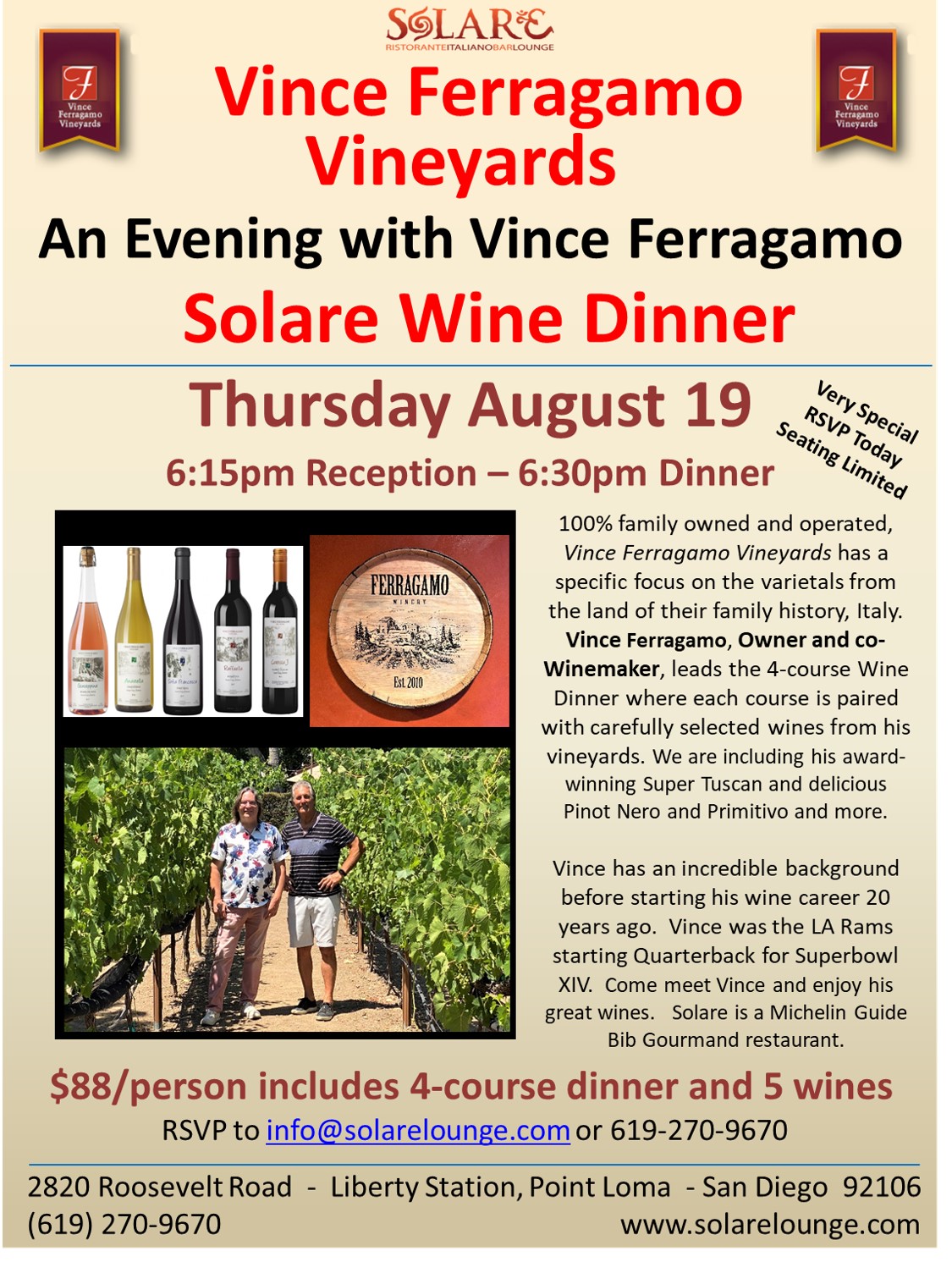 <a id="Solare-Vince-Ferragamo-Wine-Dinner"></a>Solare Wine Dinner with Vince Ferragamo Vineyards