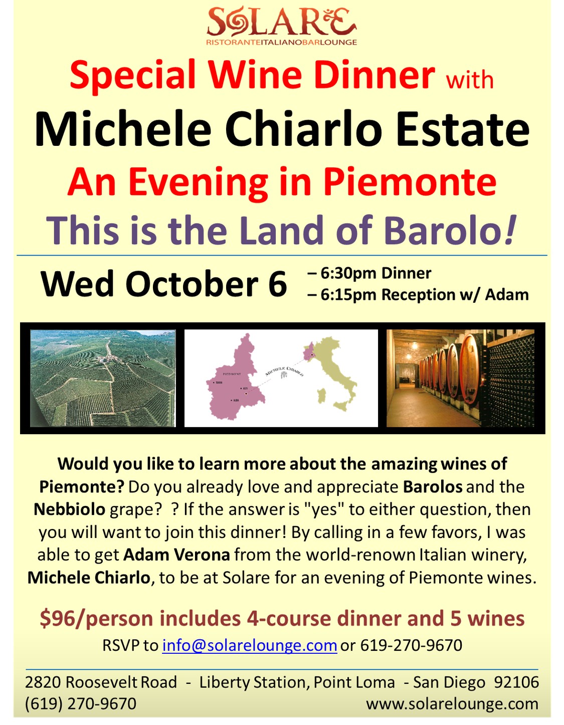 <a id="Solare-Michele-Chiarlo-Wine-Dinner"></a>Solare Wine Dinner - An Evening in Piemonte with Michele Chiarlo Wine Estate