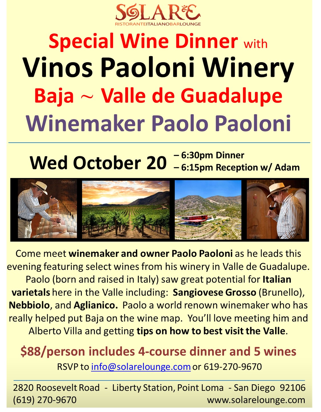 <a id="Solare-Paoloni-Wine-Dinner"></a>Solare Wine Dinner with Paolo Paoloni - Baja Valle de Guadalupe