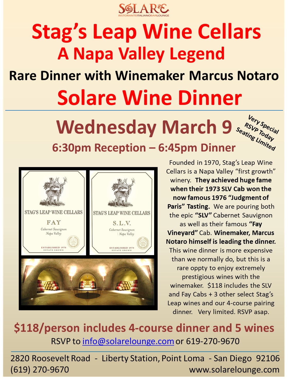 <a id="Solare-Stags-Leap-Wine-Dinner"></a>Napa Valley Legend - Stag's Leap Wine Cellars Winemaker