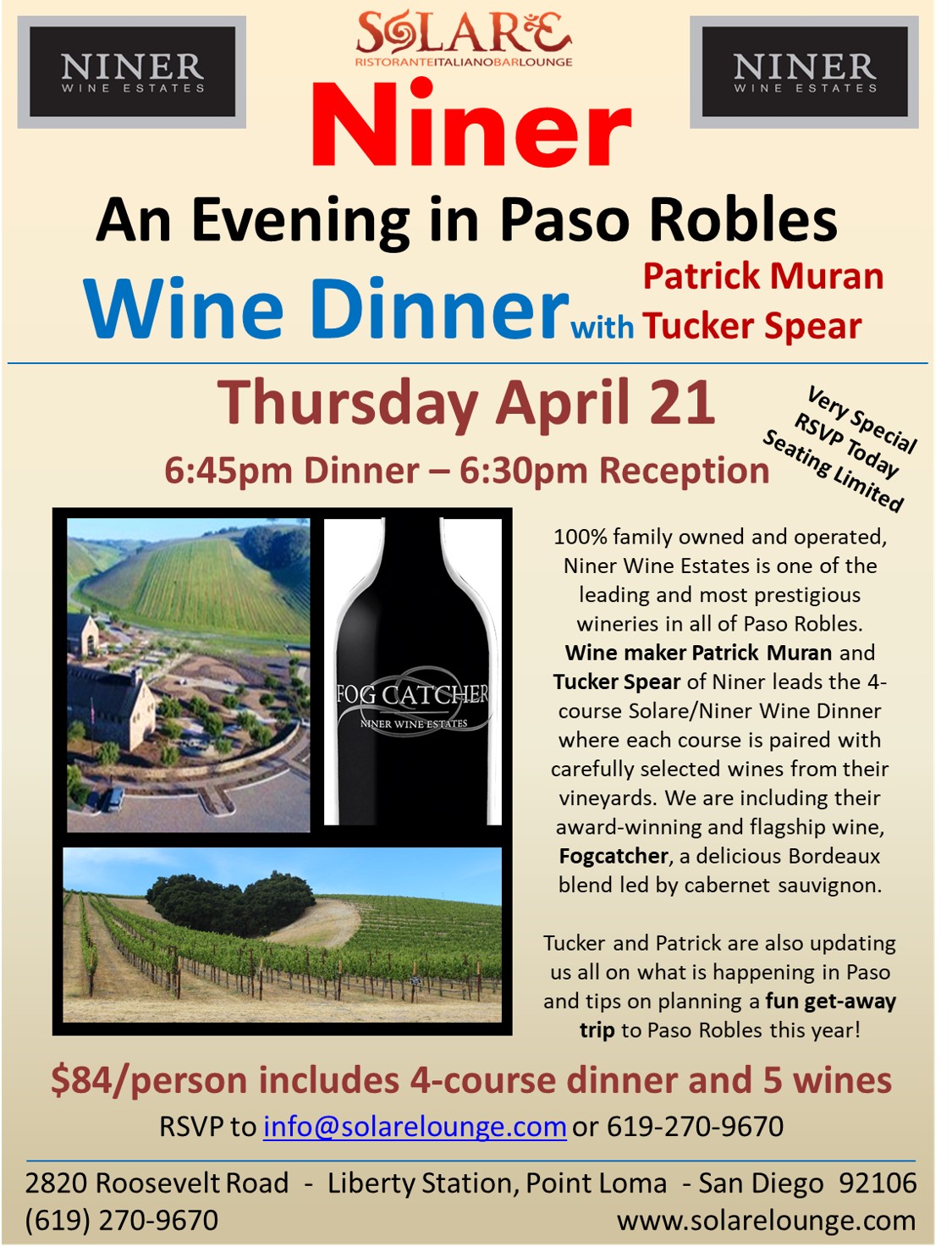 <a id="Solare-Niner-Wine-Dinner"></a>Niner Estate Wine Dinner at Solare with Winemaker, Patrick Muran and Tucker Spear
