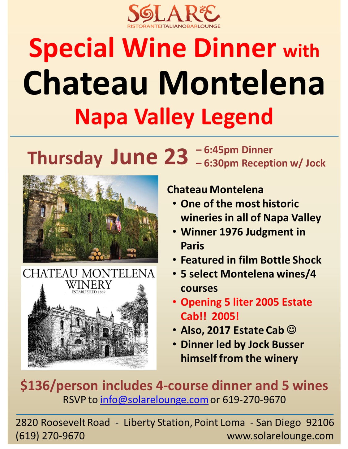 <a id="Solare-Chateau-Montelena-Dinner"></a>Solare Wine Dinner - Chateau Montelena - Napa Legend!