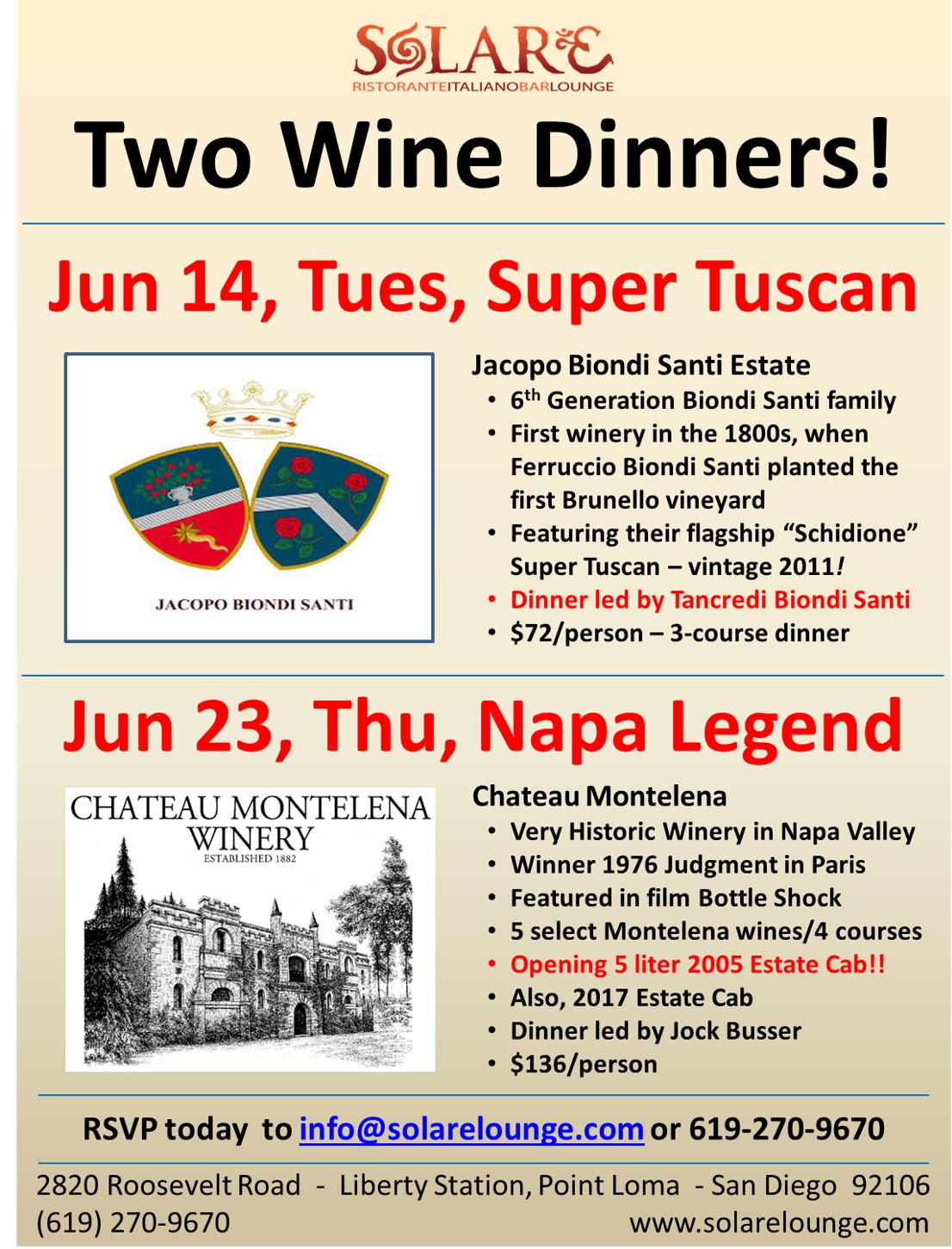 <a id="Solare-Wine-Dinners"></a>Super Tuscans and Chateau Montelena