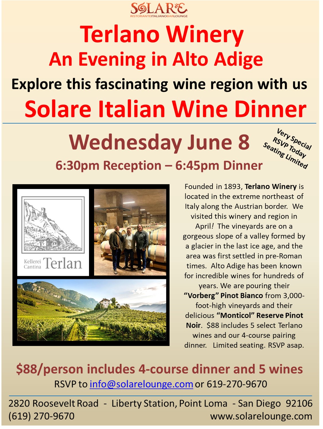 <a id="Solare-Terlano-Wine-Dinner"></a>Solare Italian Wine Dinner - "An Evening in Alto Adige"