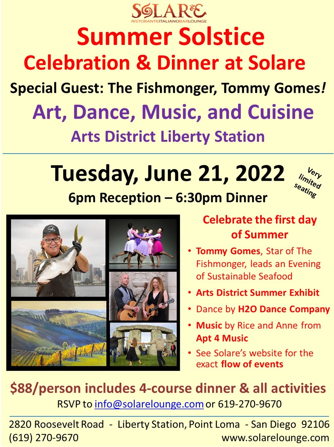 <a id="Solare-Summer-Solstice-Celebration-and-Dinner"></a>Summer Solstice Celebration and Dinner - An Evening of Seafood with Tommy Gomes