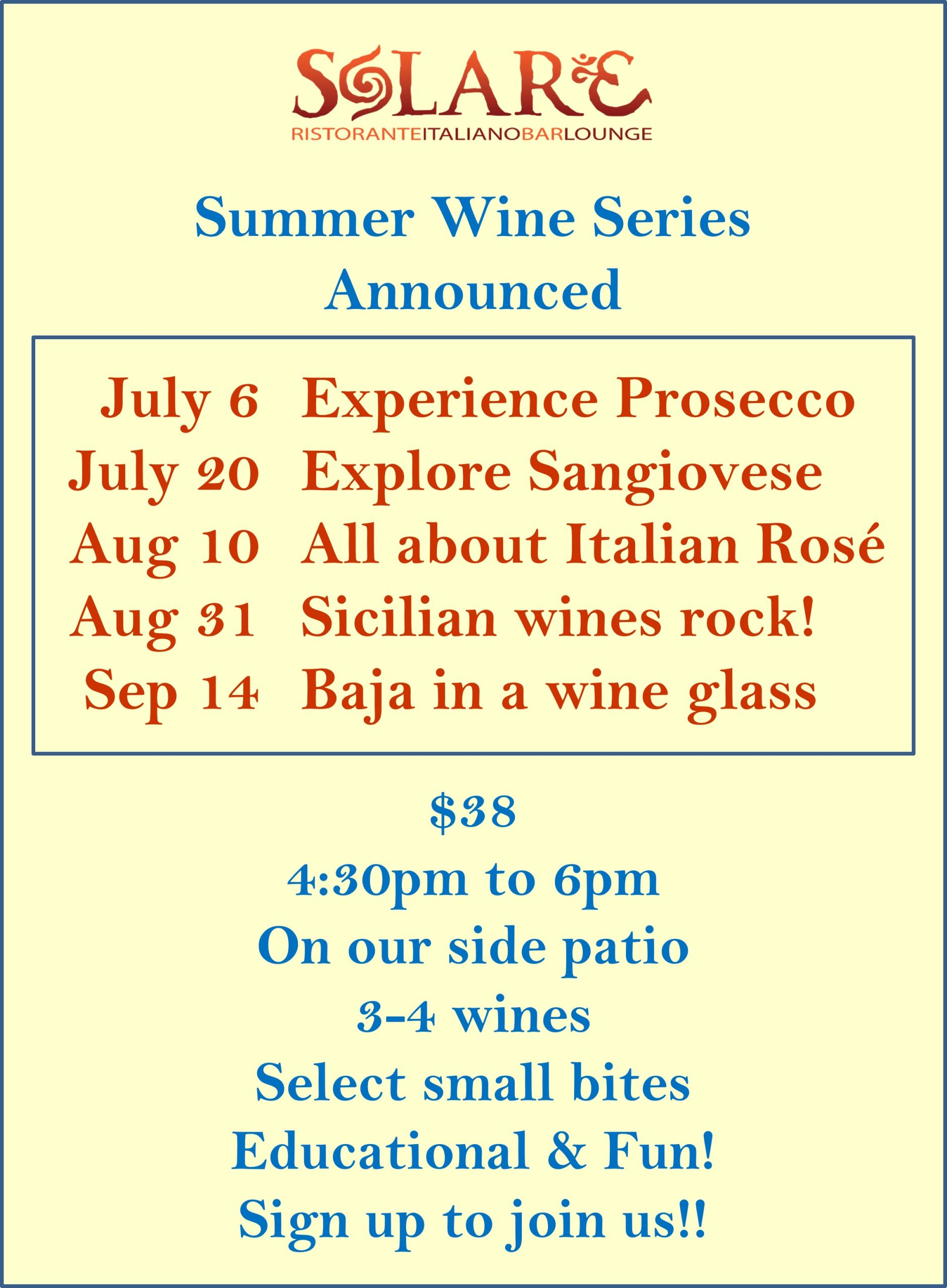 <a id="Solare-Summer-Wine-Series"></a>Solare Summer Wine Series!
