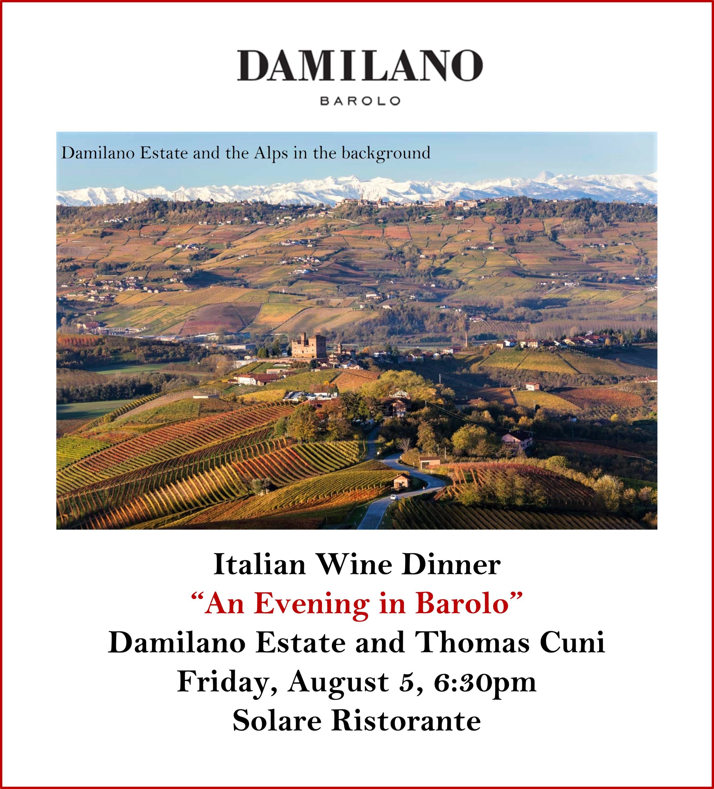 <a id="Solare-Damilano-Wine-Dinner-August"></a>Solare Wine Dinner - An Evening in Barolo with Damilano Estate
