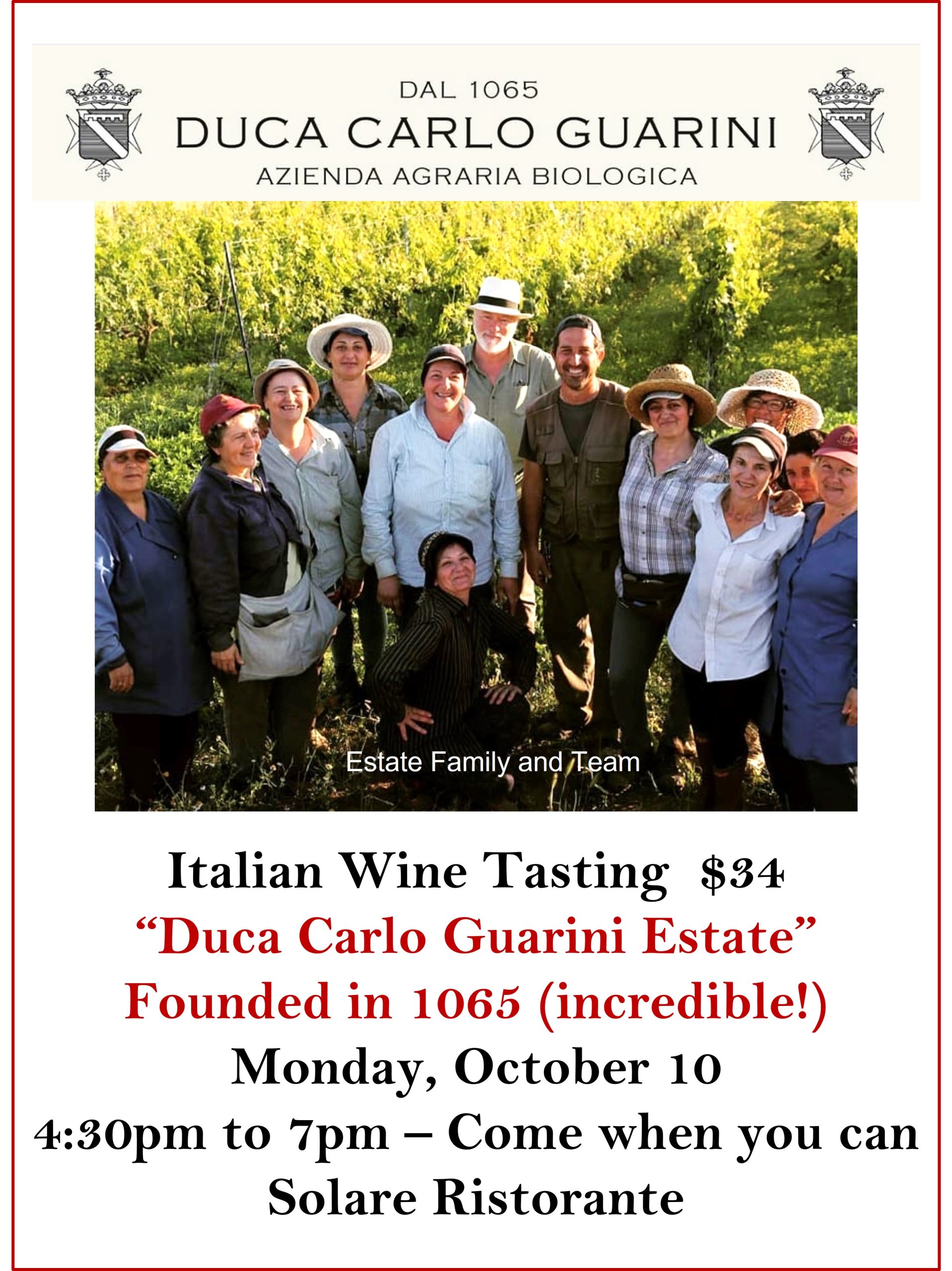 <a id="Solare-DucaCarloGuarini-Wine-Event"></a>Italian Wine Tasting with Duca Carlo Guarini Estate