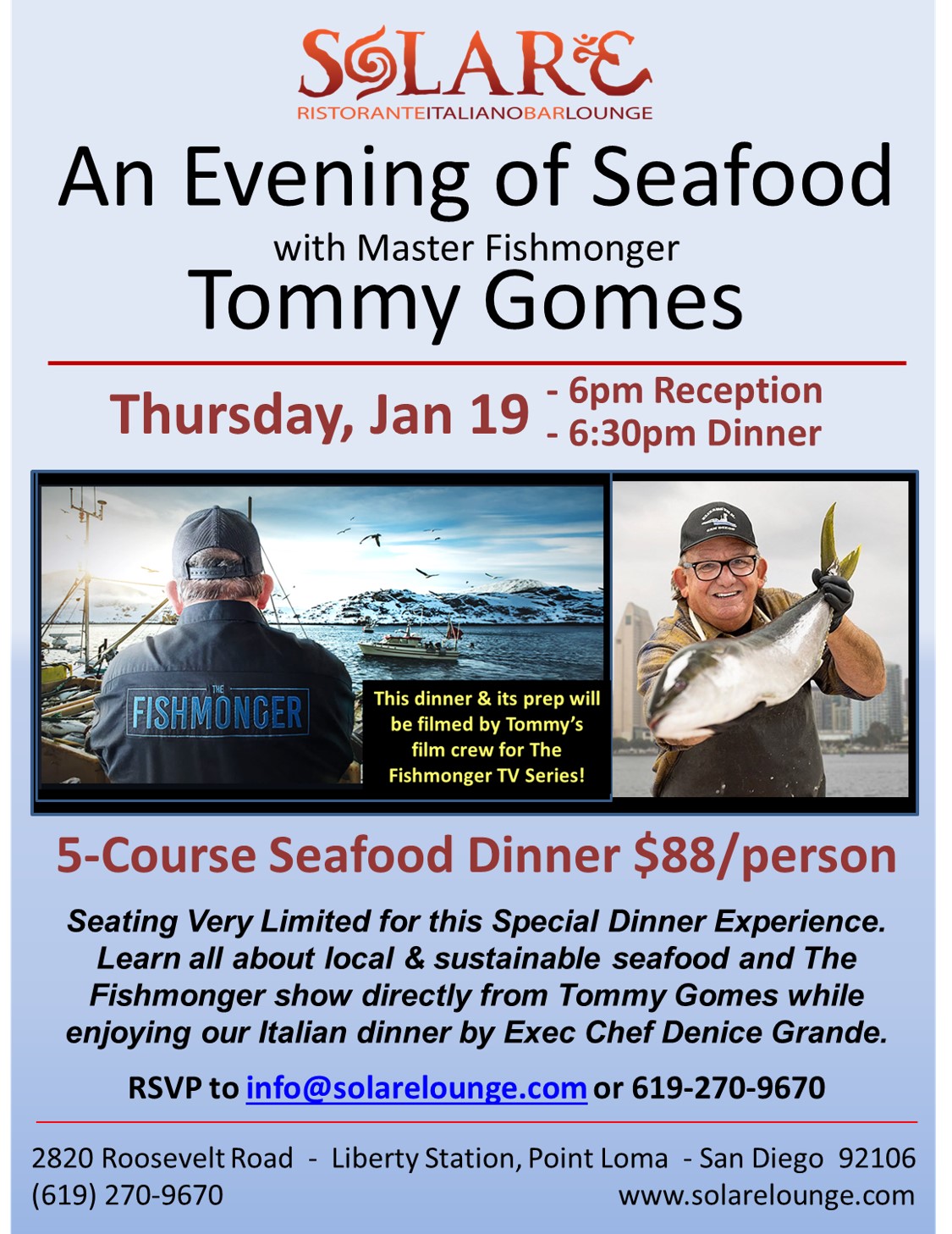 <a id="Solare-Tommy-Gomes-2023-Dinner"></a>Tommy Gomes extra special Evening of Seafood Dinner! <span style="color: red;">- Sold Out</span>