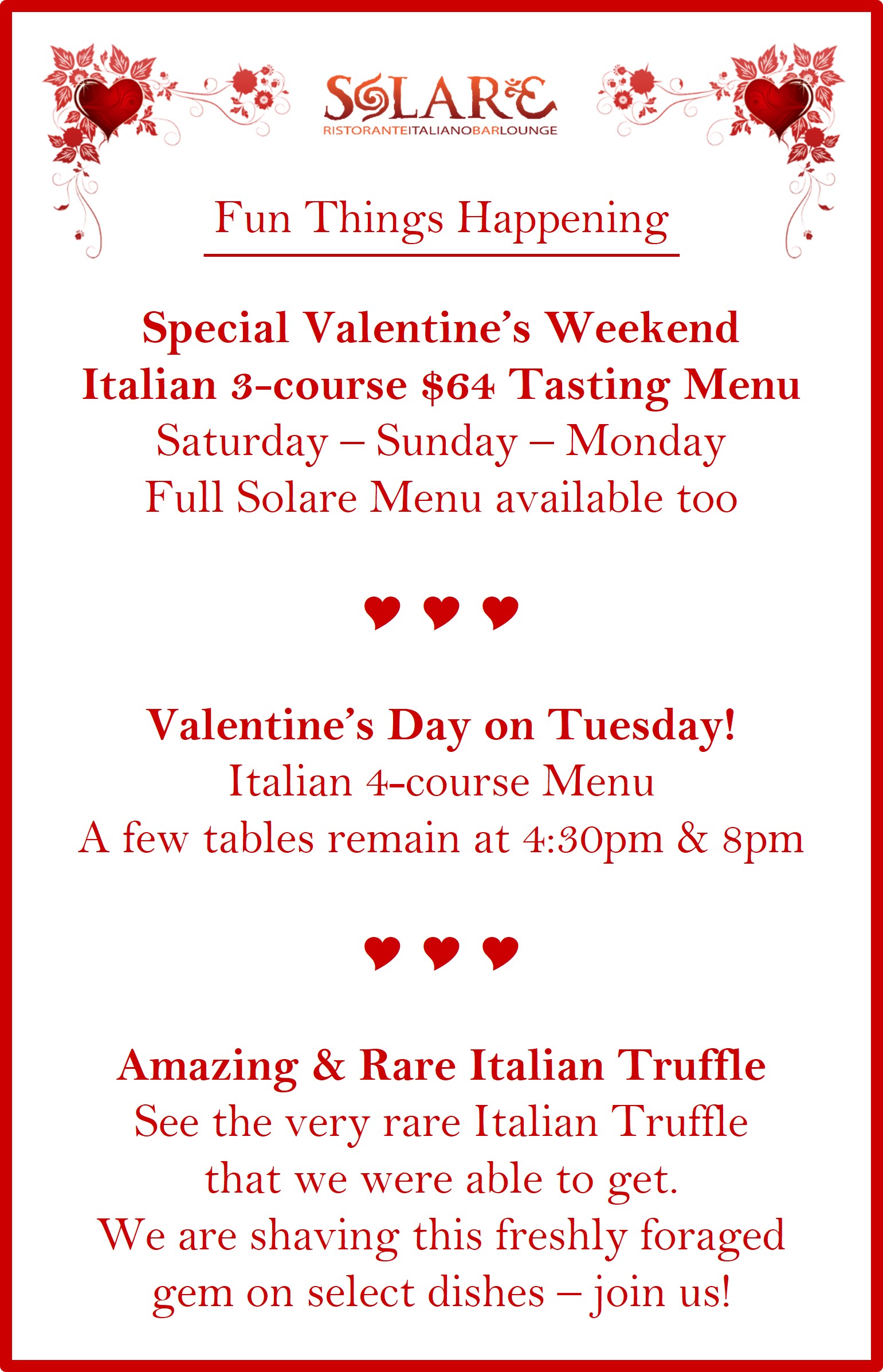 St. Valentine's Weekend at Solare!