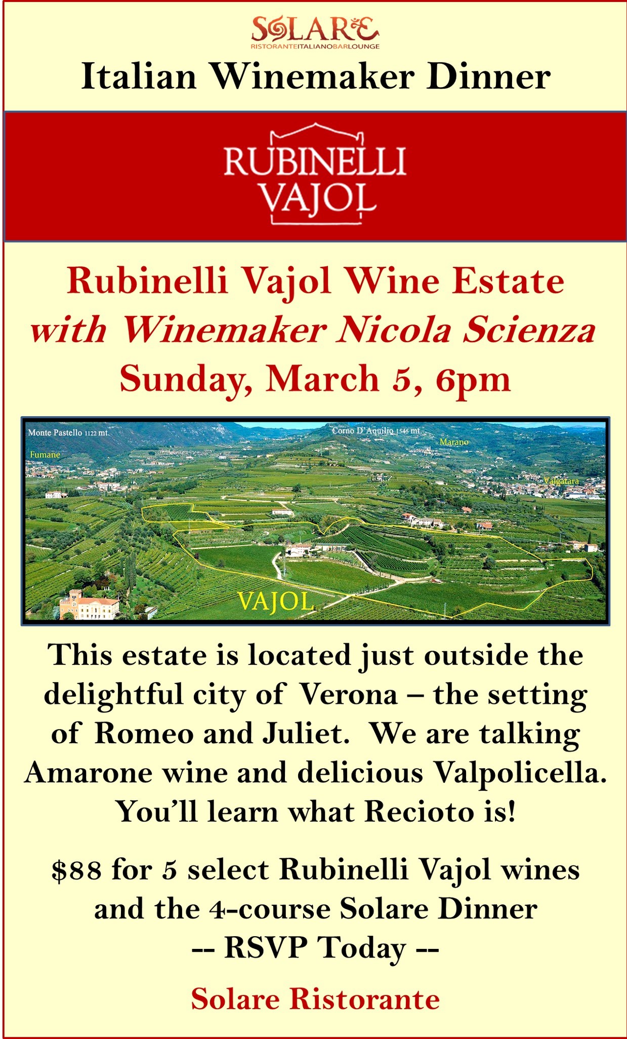 <a id="Solare-Rubinelli-Vajol-Wine-Dinner"></a>Italian Wine Dinner - Amarone and the region of Verona