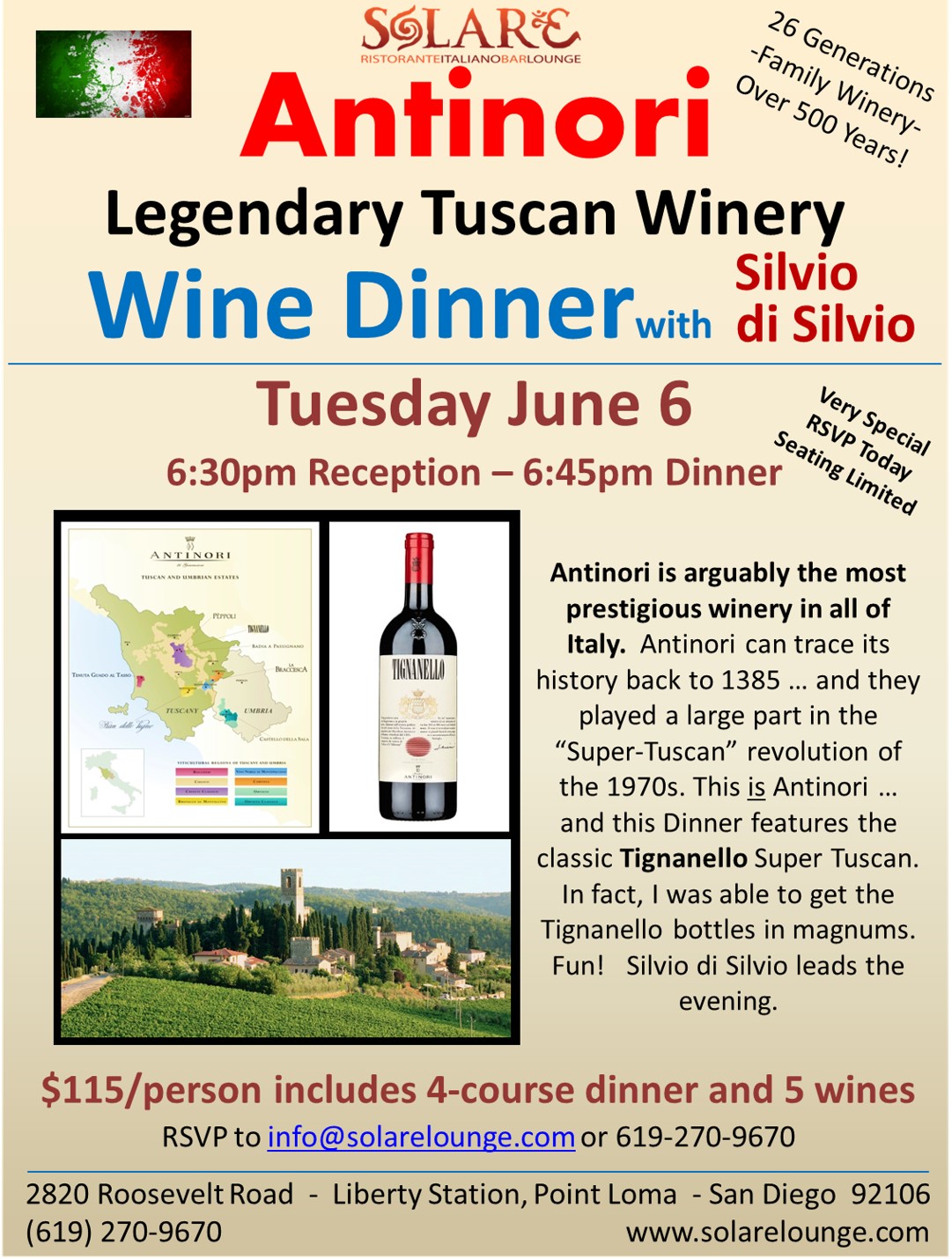 <a id="Solare-Wine-Dinner-Antinori-2023"></a>Italian Wine Dinner with legendary Antinori Estates