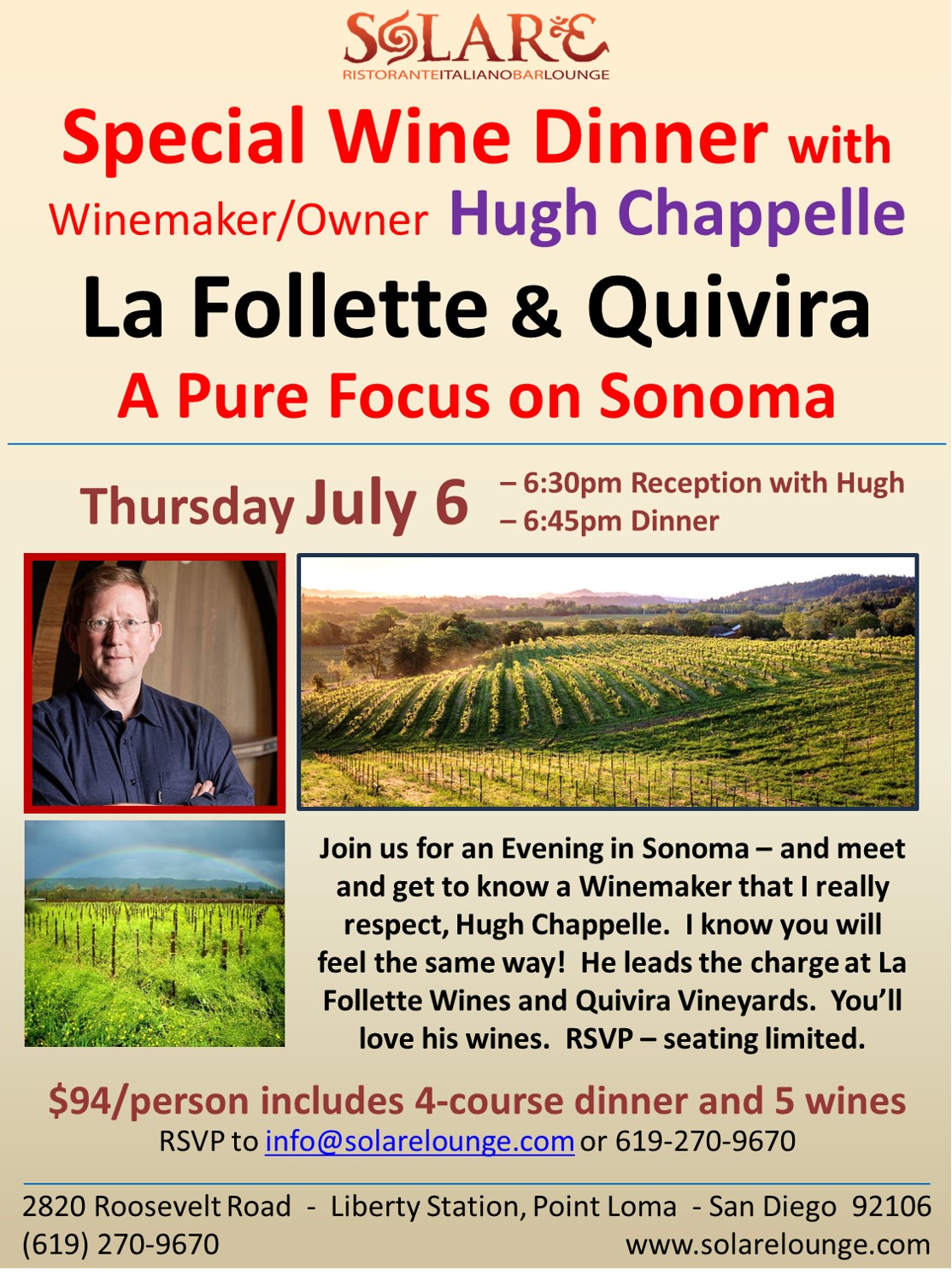 <a id="Solare-Hugh-Chappelle-Wine-Dinner"></a>Wine Dinner - A Sonoma Evening with Hugh Chappelle