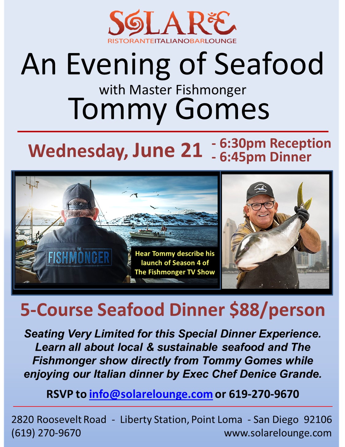 <a id="Solare-Tommy-Gomes-June-2023-Dinner"></a>Tommy Gomes - The Fishmonger - Evening of Seafood