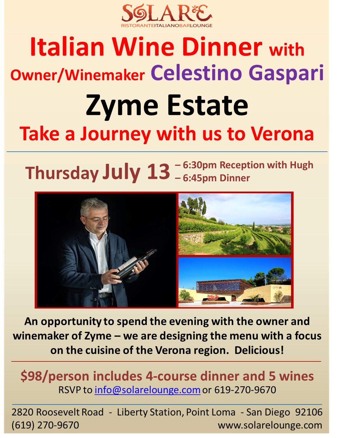 <a id="Solare-Zyme-Wine-Dinner"></a>Italian Wine Dinner - Journey with us to Verona, Italy