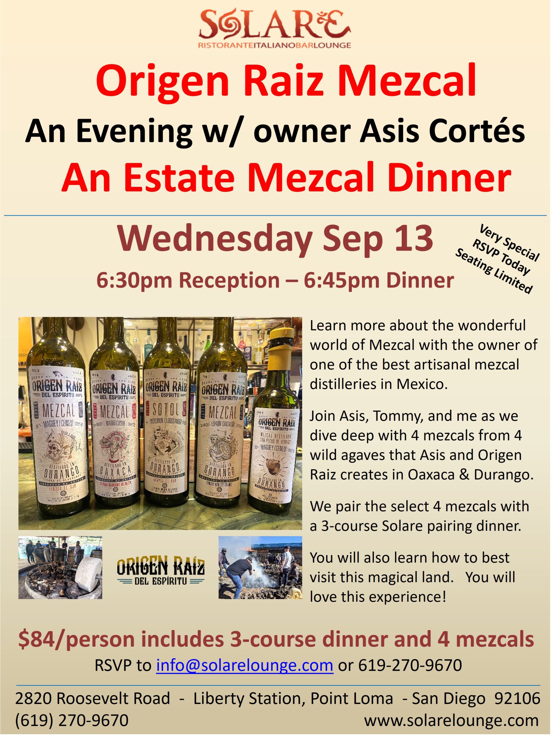 <a id="Solare-Origen-Raiz-Mezcal-Dinner"></a>Mezcal Dinner with Asis Cortes and Origen Raiz