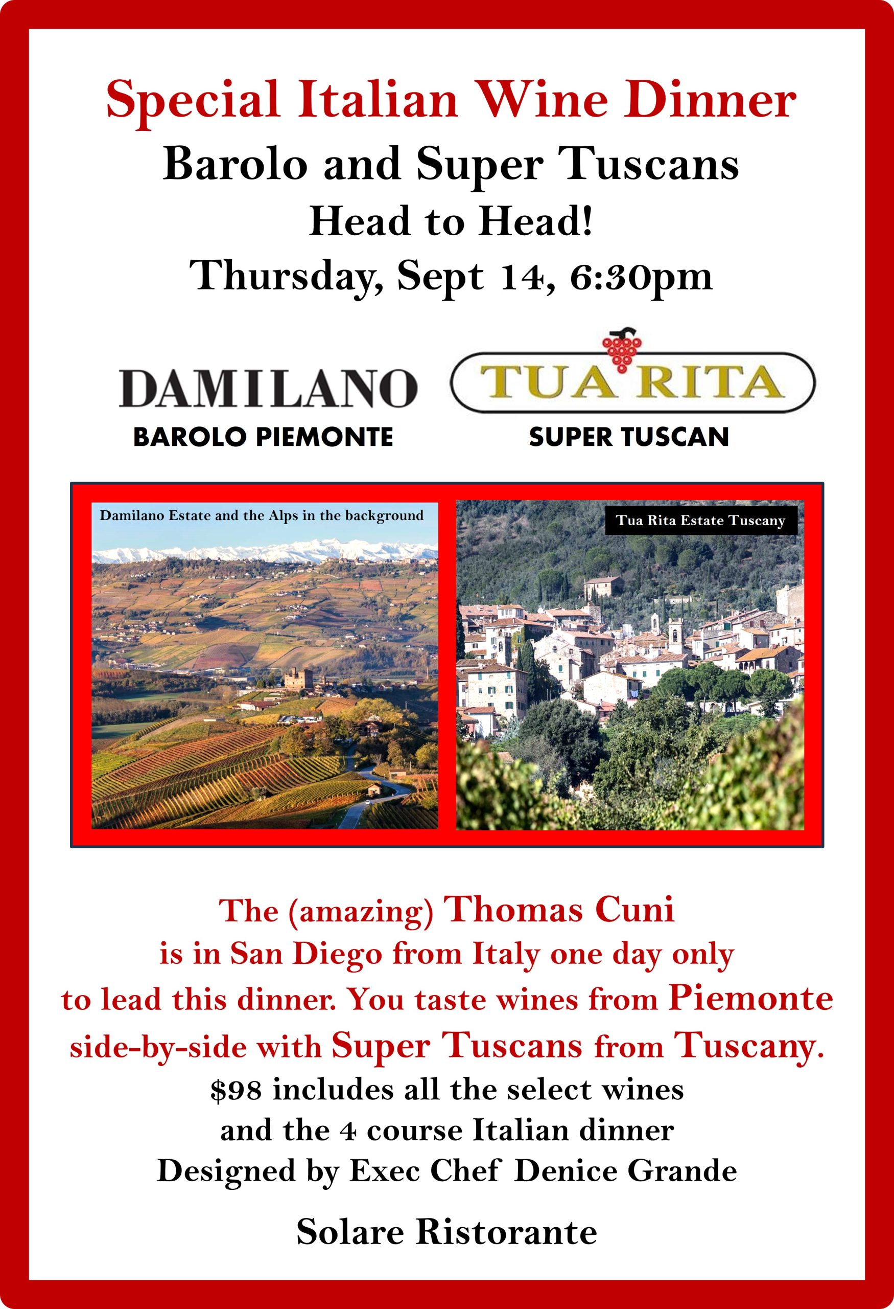 <a id="Solare-Barolo-and-SuperTuscan-Wine-Dinner"></a>Italian Wine Dinner ~ Barolo and Super Tuscans!