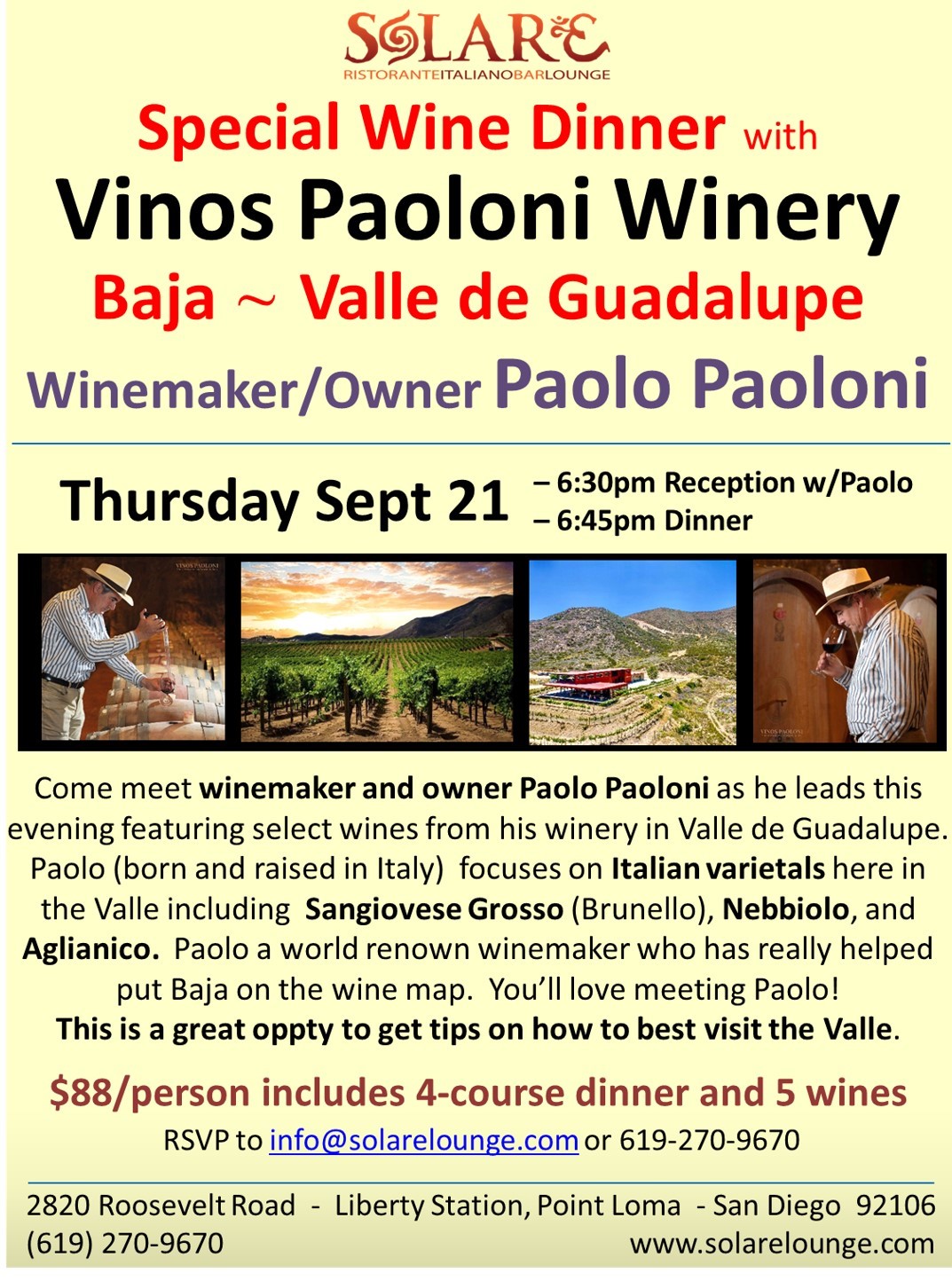 <a id="Solare-Baja-Wine-Dinner"></a>Solare Wine Dinner - Paoloni Vineyards & Valle de Guadalupe