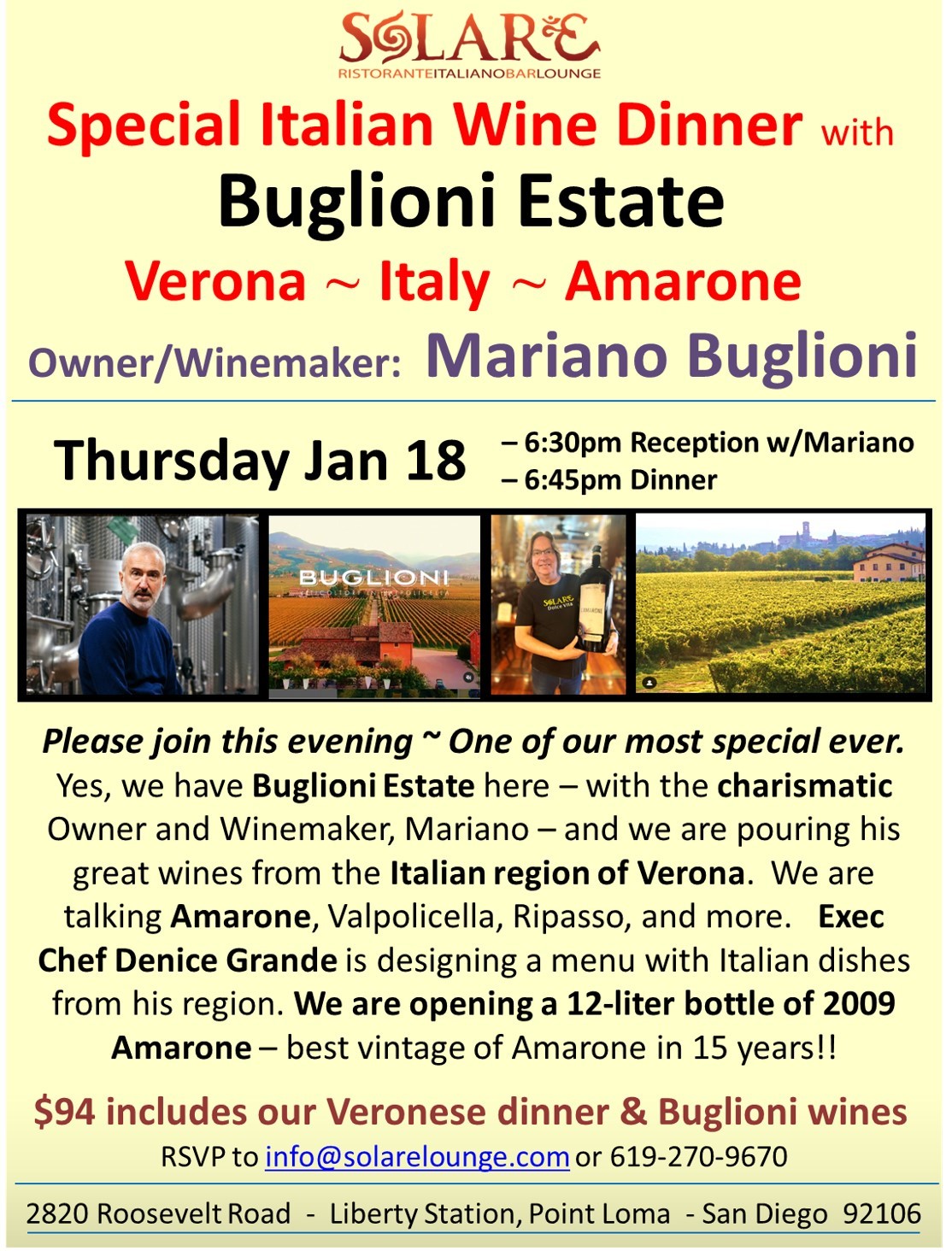<a id="Solare-Amarone-Wine-Dinner"></a>Italian Wine Dinner - Amarone and Buglioni Estate