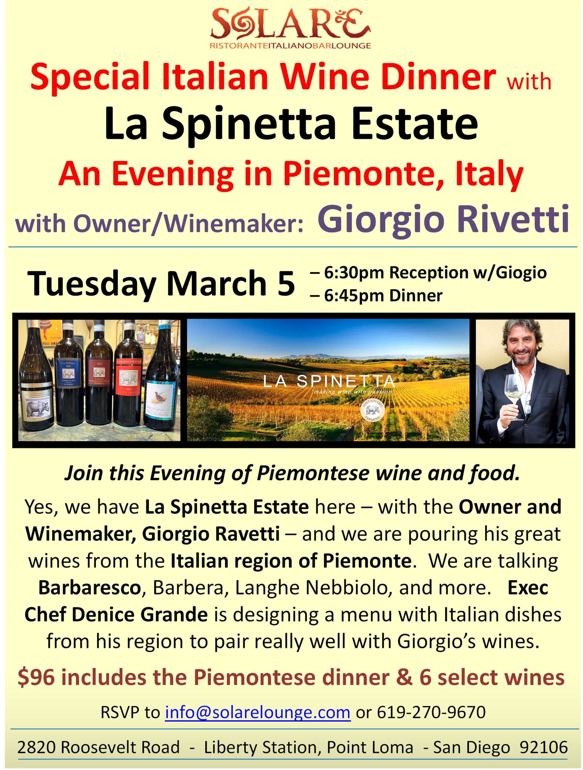 <a id="Solare-Wine-Dinner-with-La-Spinetta-Estate"></a>Italian Wine Dinner - Evening in Piemonte with La Spinetta Estate