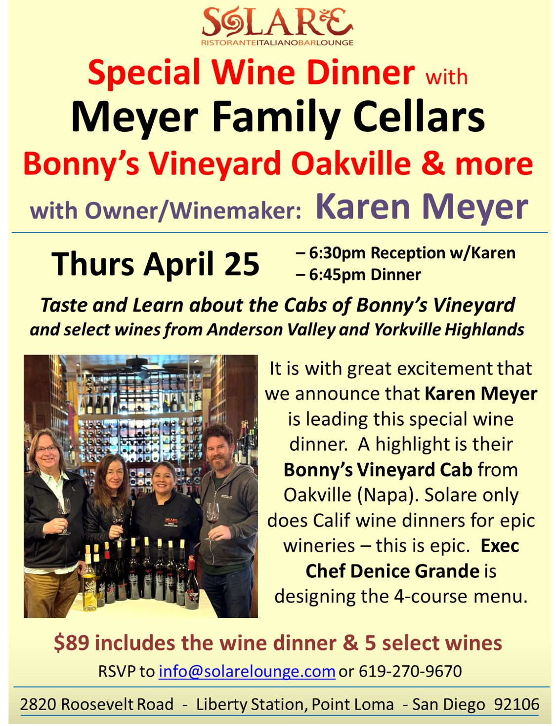 <a id="Solare-Meyer-Family-Wine-Dinner"></a>Wine Dinner - Meyer Family Cellars