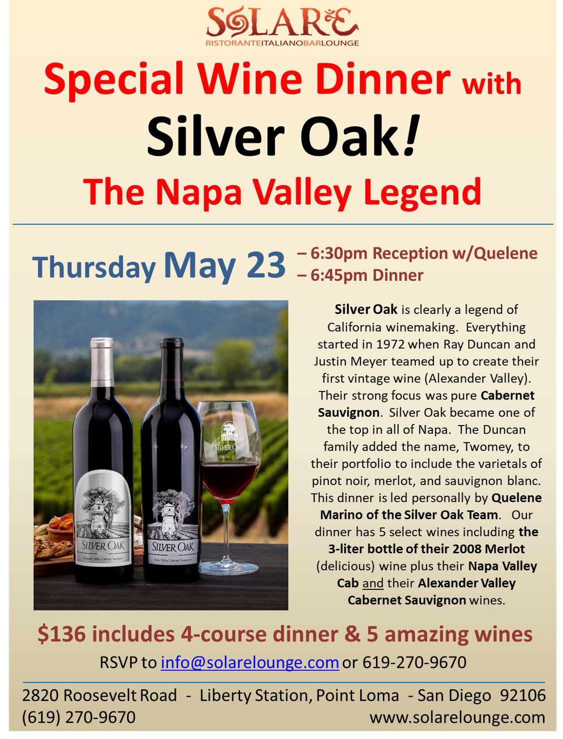 <a id="Solare-Silver-Oak-Wine-Dinner"></a>Silver Oak Wine Dinner!