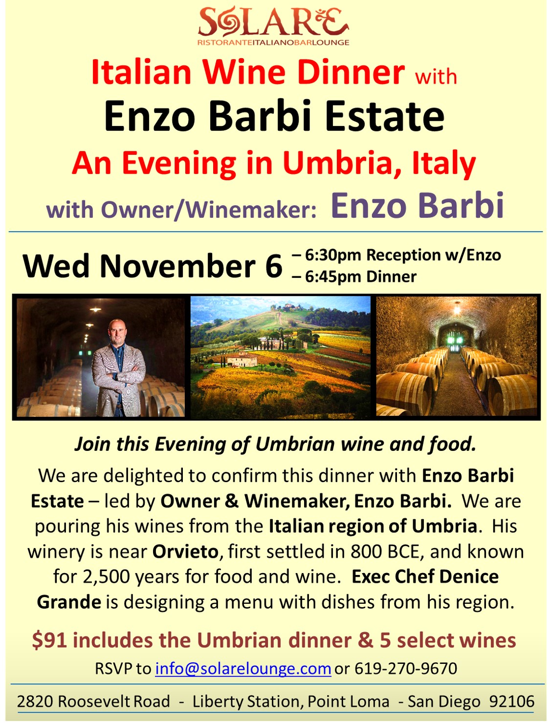 <a id="Solare-Enzo-Barbi-Wine-Dinner"></a>Italian Wine Dinner - Evening in Umbria with Enzo Barbi Estate