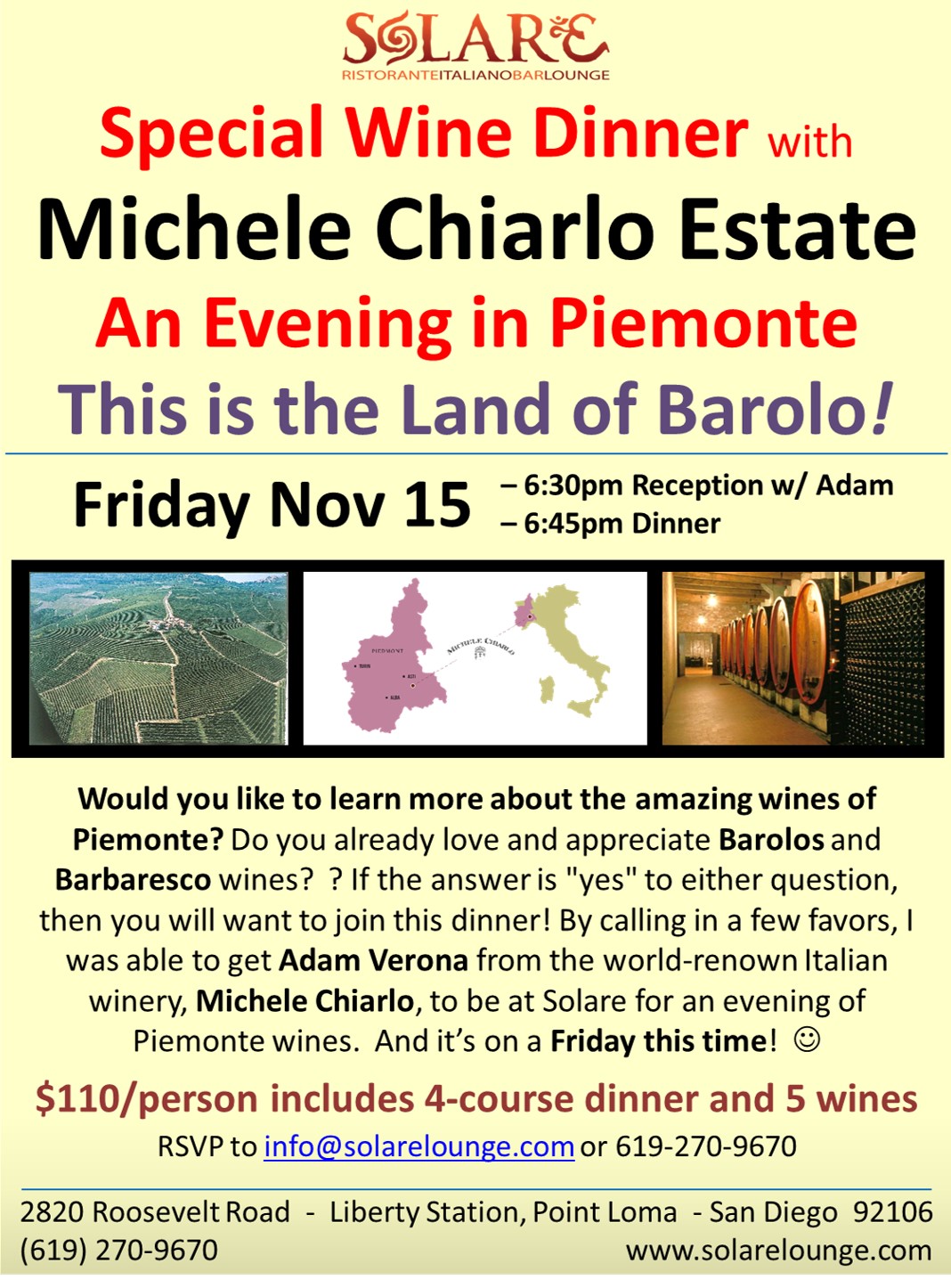 <a id="Solare-Chiarlo-224-Wine-Dinner"></a>Italian Wine Dinner:  Barolo and Barbaresco ~ An Evening in Piemonte!