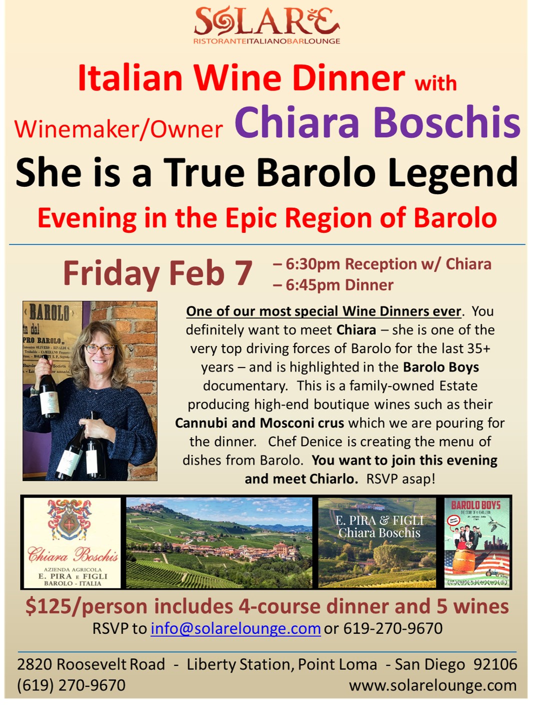 <a id="Solare-Chiara-Noschis-Wine-Dinner"></a>Italian Wine Dinner - Chiara Boschis and Barolo