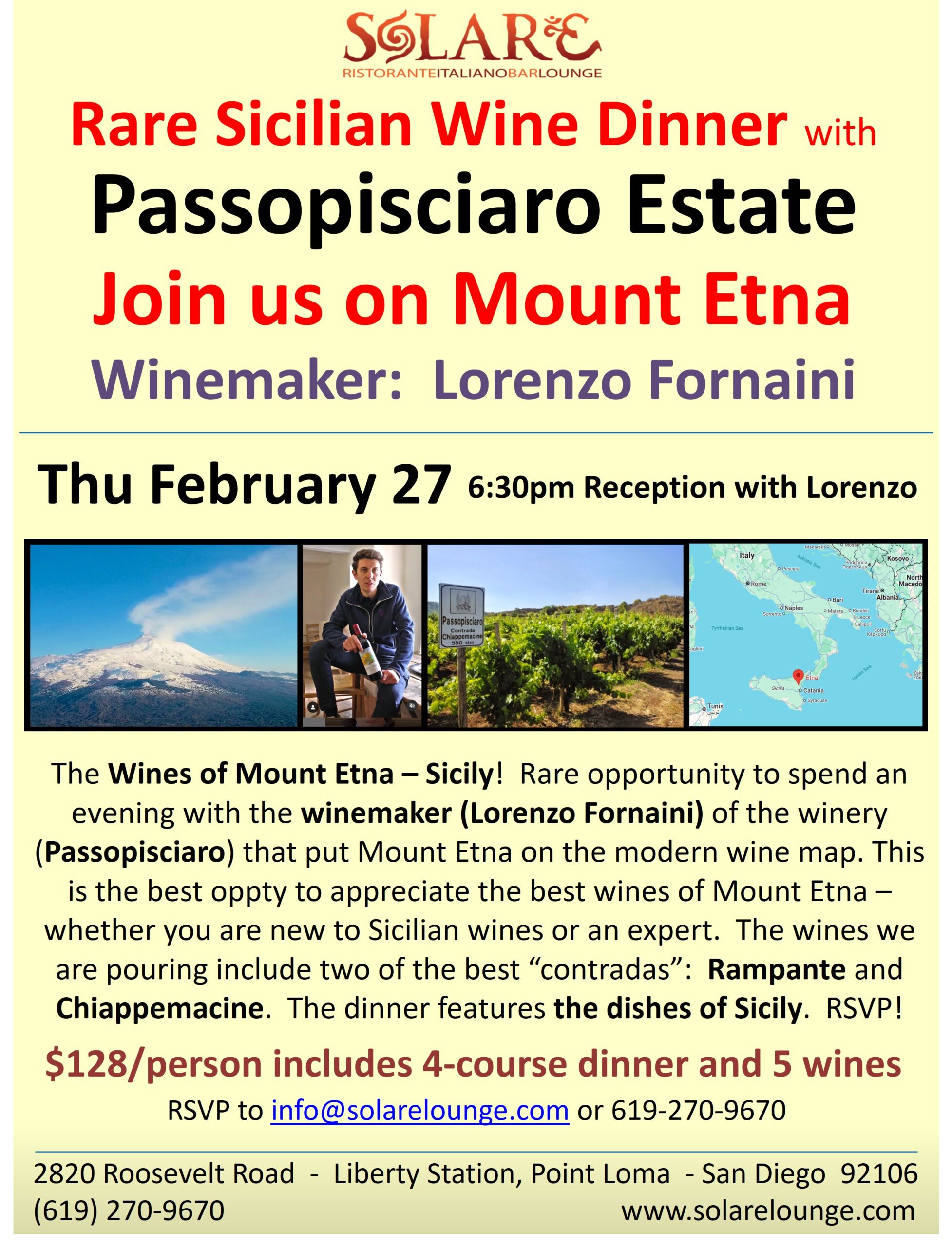 <a id="Solare-Passopisciaro-Wine-Dinner"></a>Italian Wine Dinner - The Slopes of Mount Etna with Passopisciaro Estate