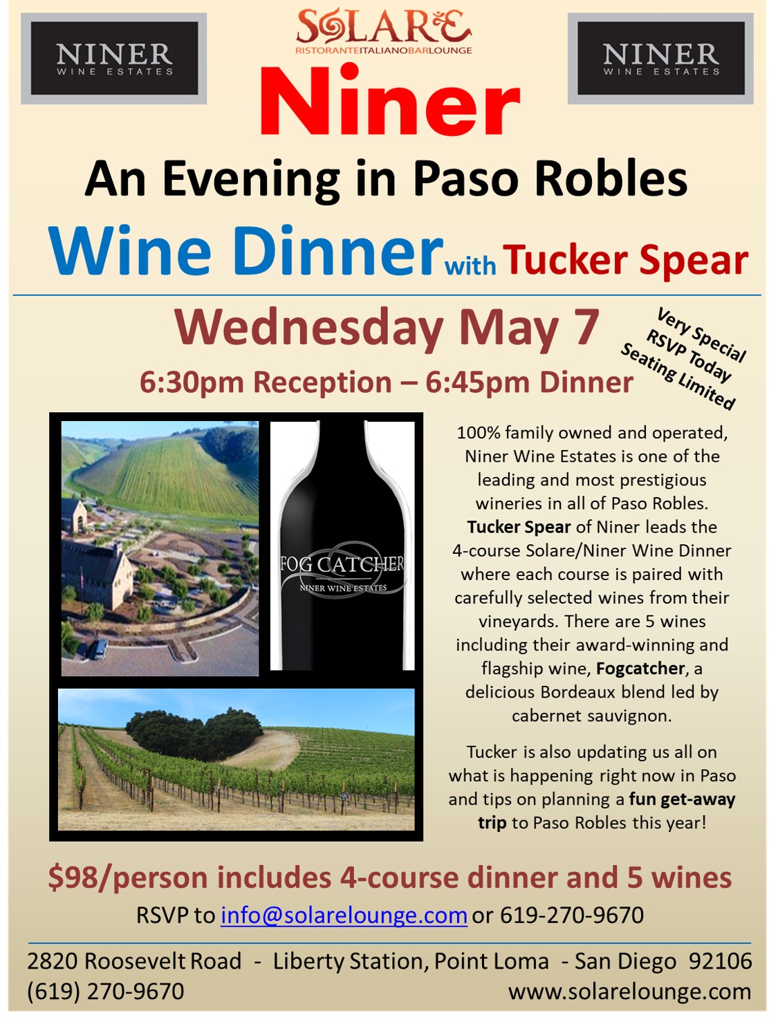 <a id="Solare-Niner-2025-Wine-Dinner"></a>Wine Dinner Niner Estates - with Tucker Spear