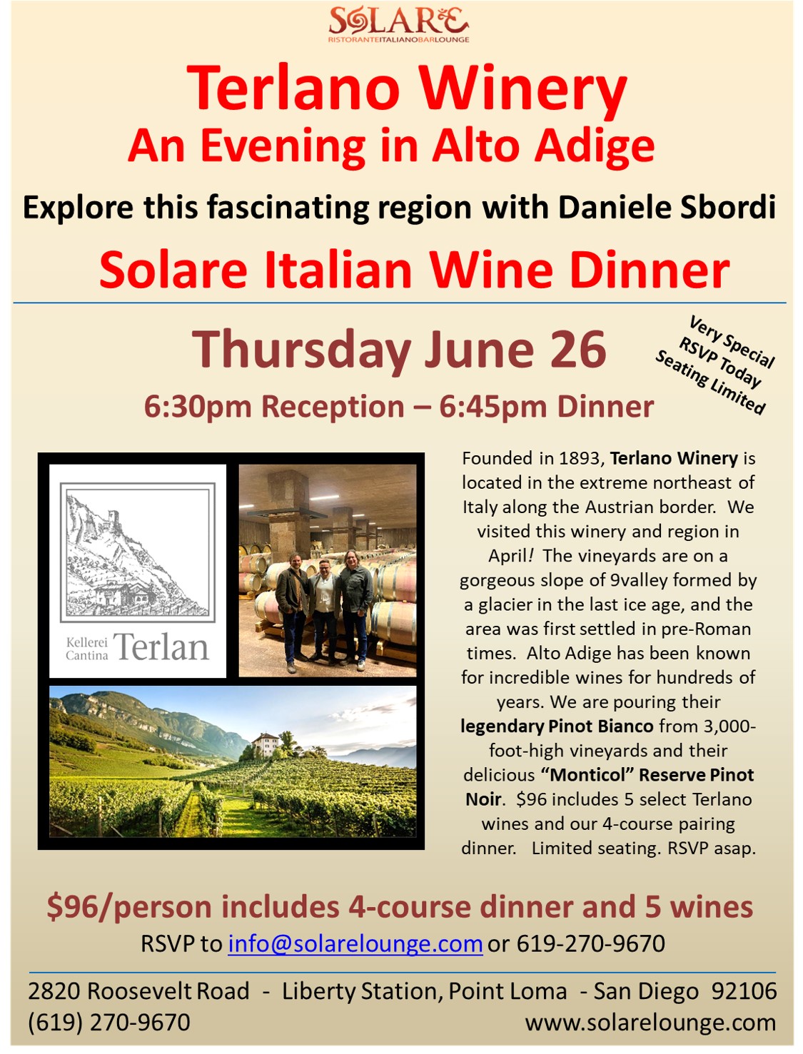 <a id="Solare-Terlano-Wine-Dinner"></a>Italian Wine Dinner - An Evening in Alto Adige with Terlano Estate