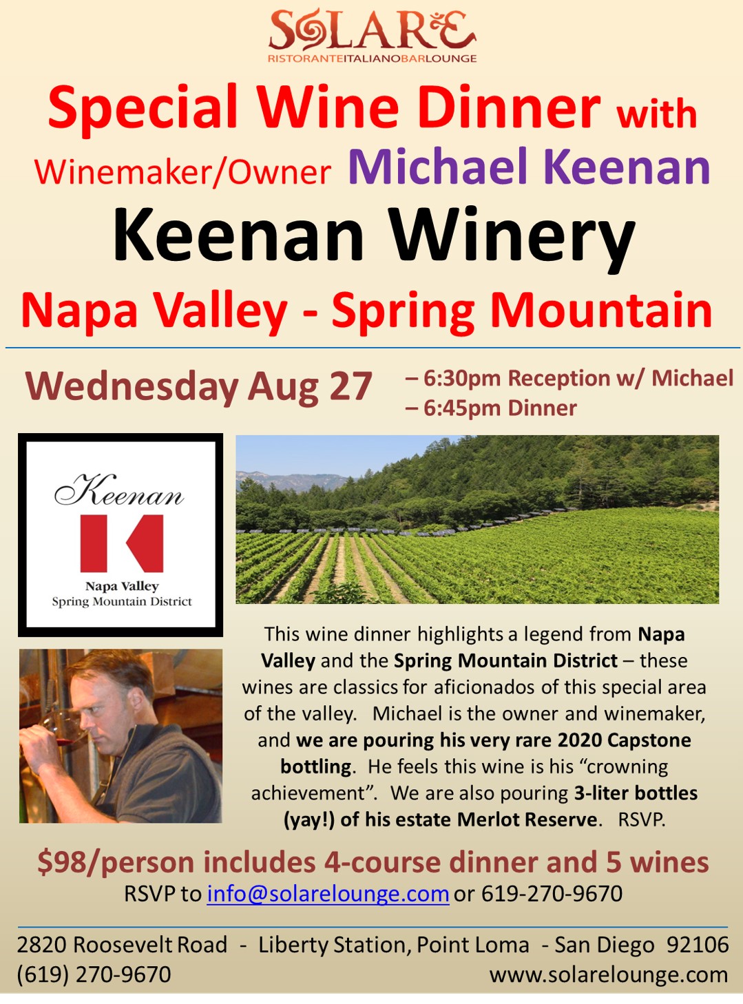 <a id="Solare-Keenan-Wine-Dinner-2025"></a>Napa Valley Wine Dinner ~ Keenan Winery with Michael Keenan