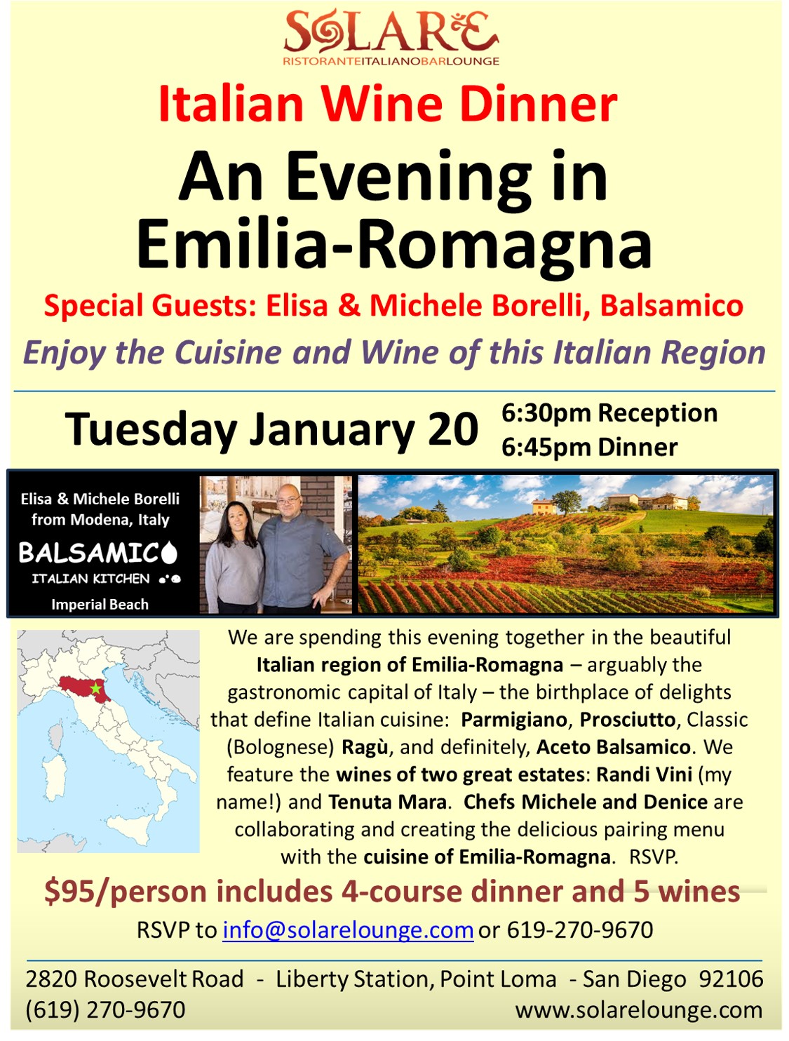 <a id="Solare-Emilia-Romagna-Wine-Dinner"></a>Italian Wine Dinner - An Evening in Emilia-Romagna