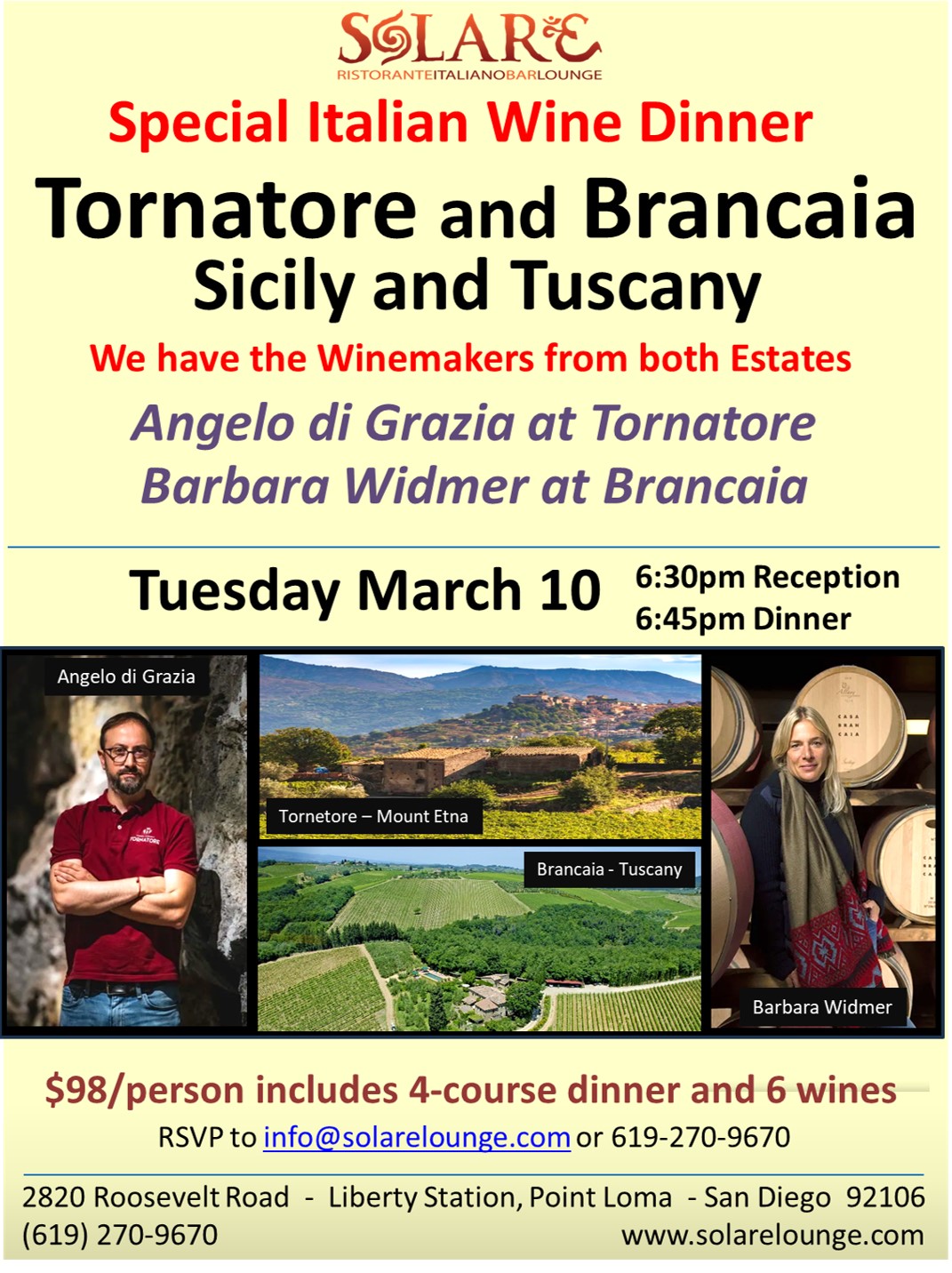 <a id="Solare-Italian-Wine-Dinner-Mount-Etna-and-Tuscany"></a>Italian Wine Dinner - Winemakers here from Mount Etna and Tuscany