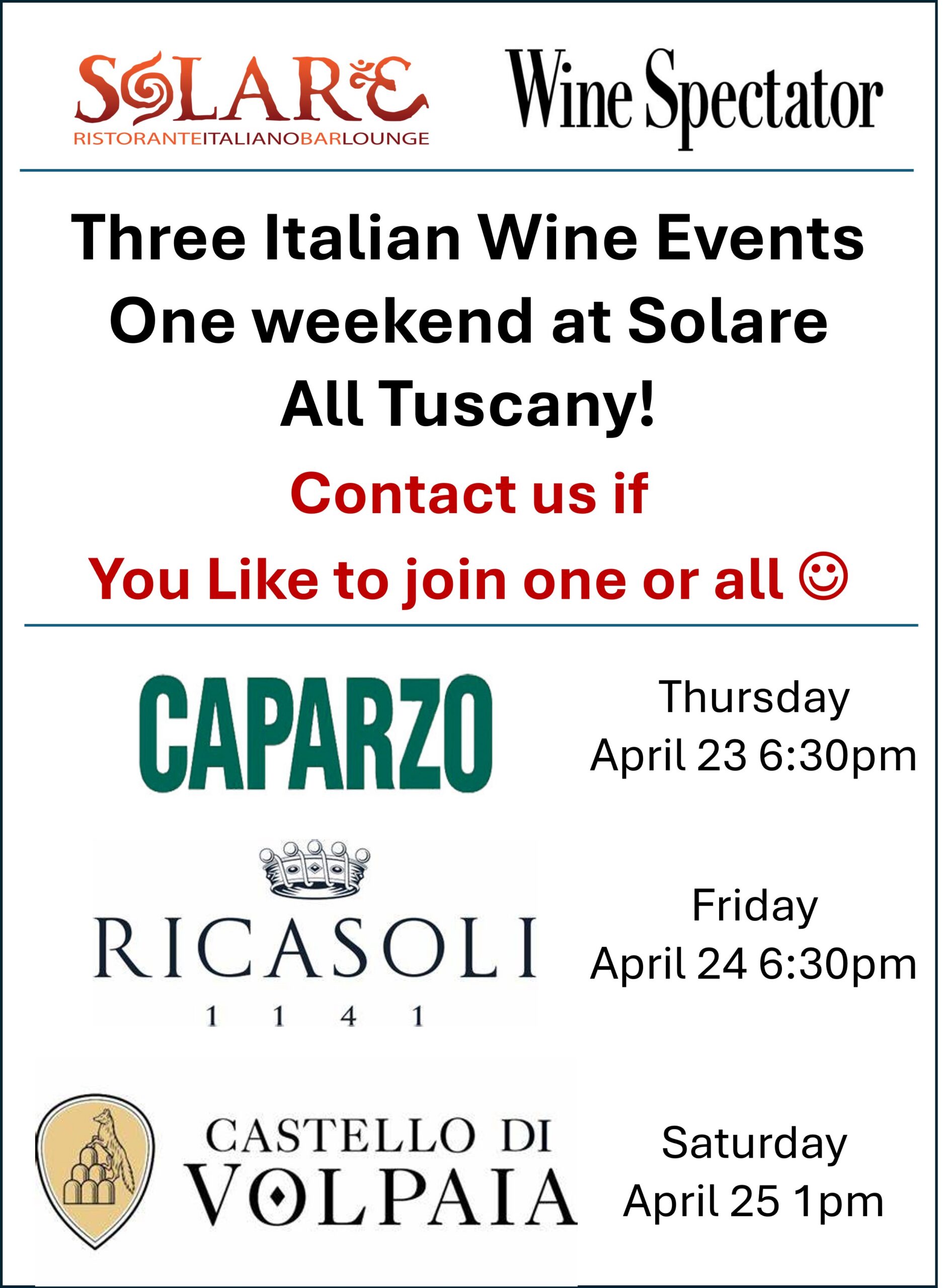 <a id="Solare-3-Italian-Wine-Events-Tuscany"></a>Here's the Plan - Wine Spectator - 3 Wine events!