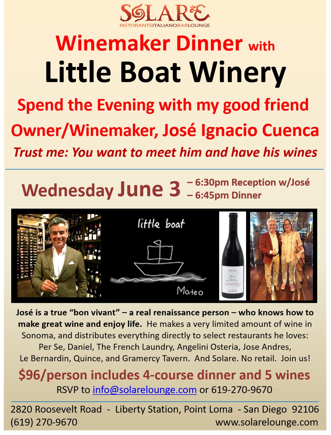 <a id="Solare-Little-Boat-Wine-Dinner"></a>Solare Wine Dinner - Little Boat Winery with José Ignacio Cuenca
