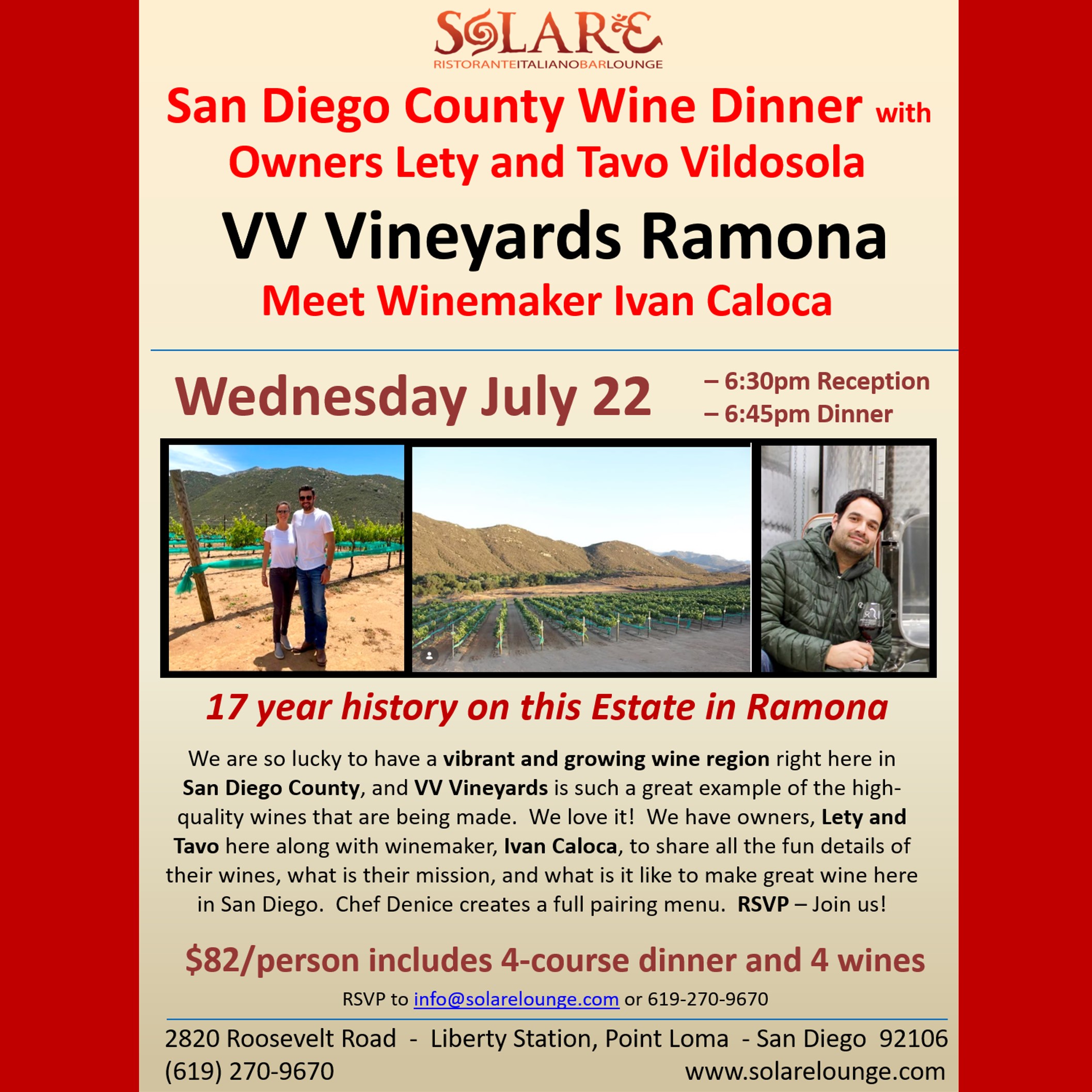 <a id="Solare-VV-Vineyards-Wine-Dinner"></a>Solare Wine Dinner with VV Vineyards in Ramona