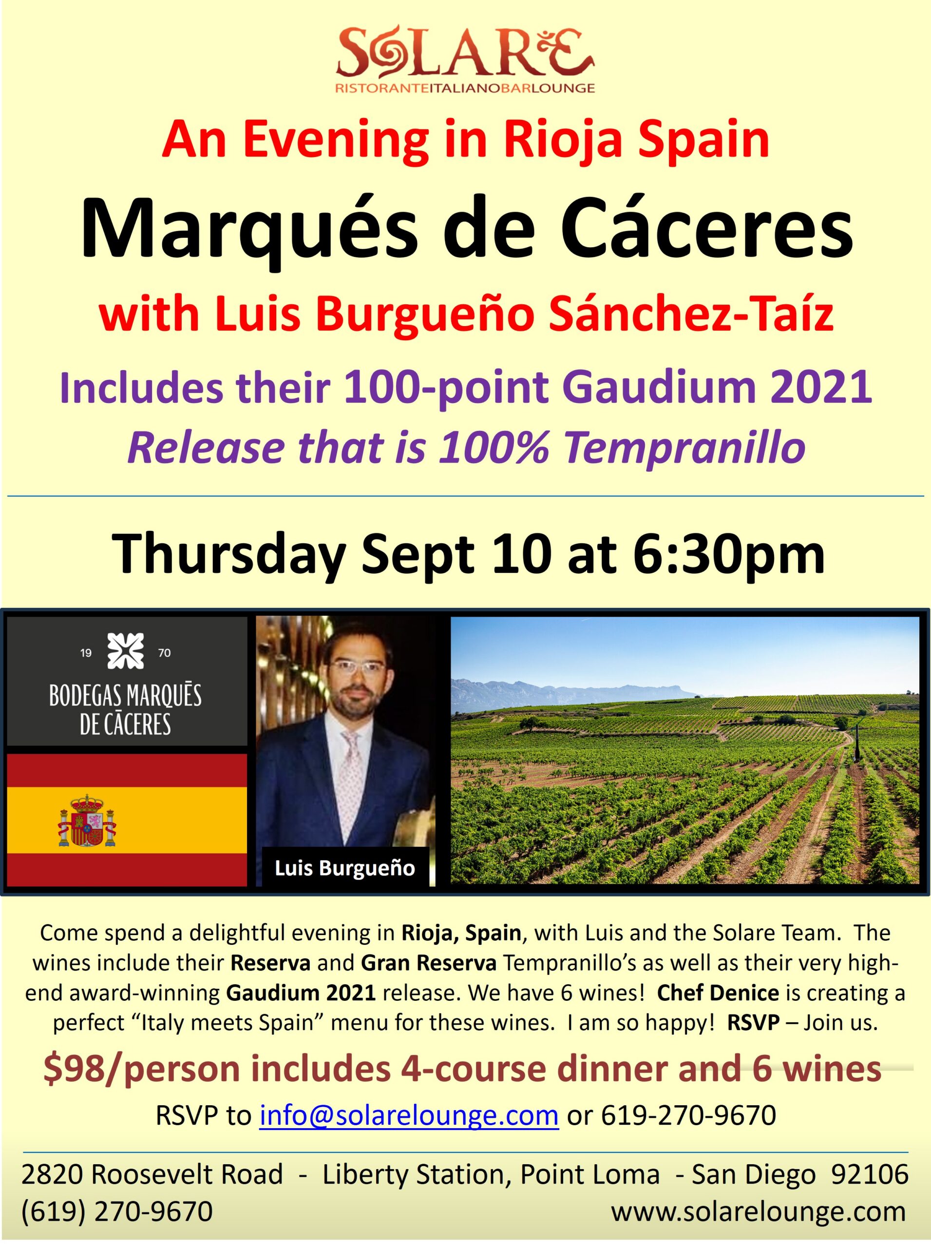 <a id="Solare-Marques-de-Caceres-Wine-Dinner-2026"></a>Rioja Wine Dinner - the amazing Marqués de Cáceres Estate
