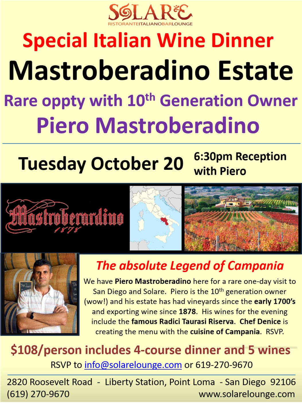 <a id="Solare-Mastroberadino-Wine-Dinner"></a>Rare Italian Wine Dinner with Piero Mastroberadino - Legend of Campania